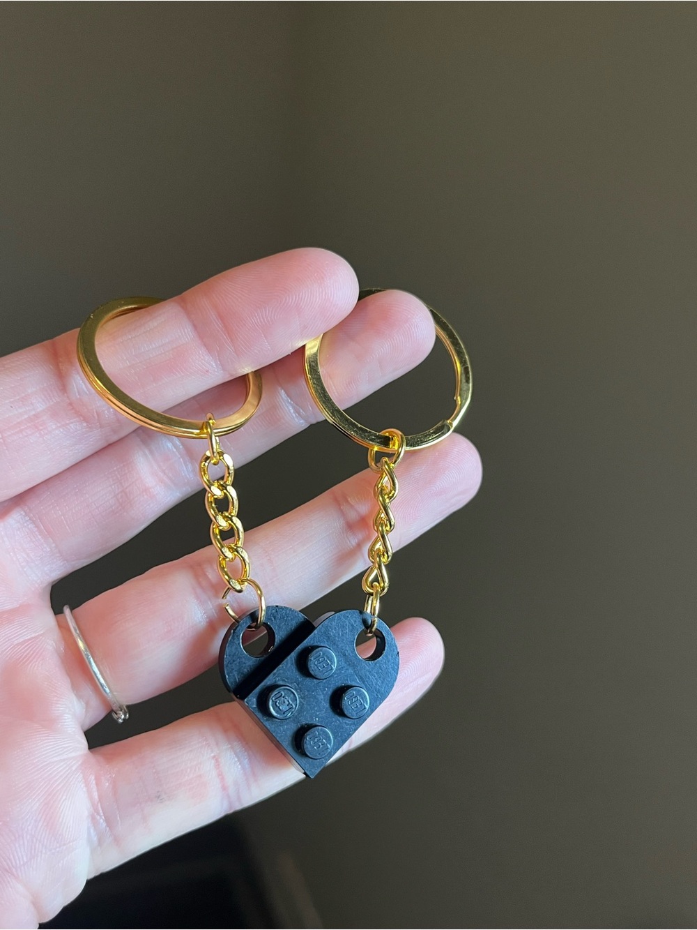 Lego Black Heart Brick Keychain Set with Gold Hardware - Handmade